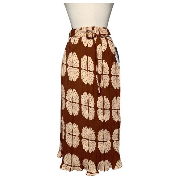 Alice Blue Pleated Boho Skirt Brown/Tan Leaf Print Buckle Tie Belt XL  NWT - Picture 1 of 7
